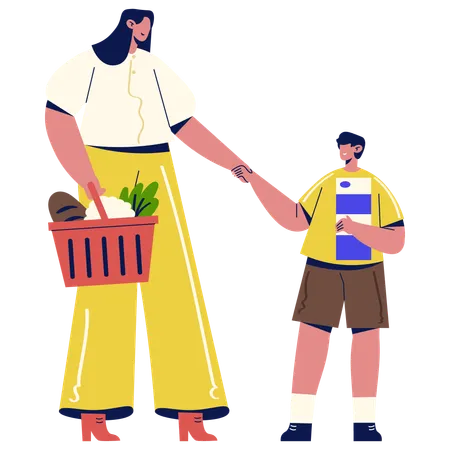 Mother and Son doing Grocery shopping  Illustration