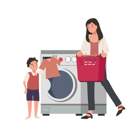 Mother and son doing laundry machine Illustration