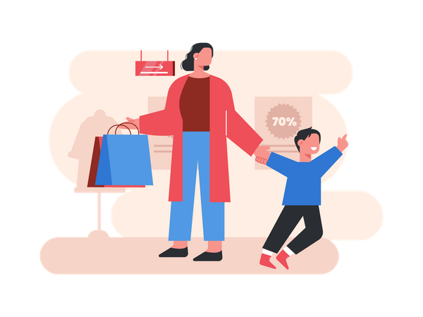 Mother and son doing shopping  Illustration