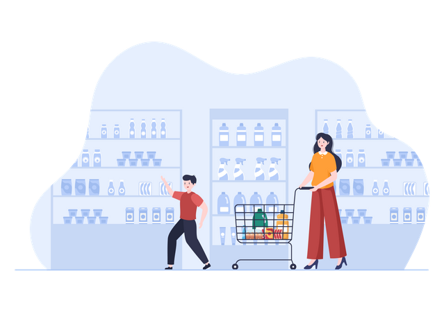 Mother and son doing shopping in market Illustration