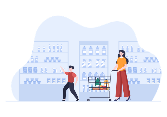 Mother and son doing shopping in market  Illustration