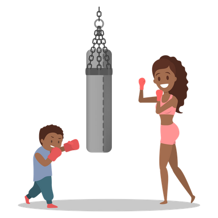 Mother and son dressed in sportswear boxing Illustration