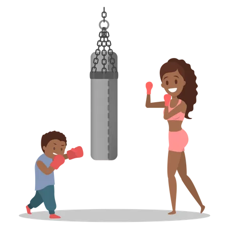 Mother and son dressed in sportswear boxing Illustration