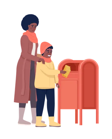 Mother and son drop letter in mailbox  Illustration