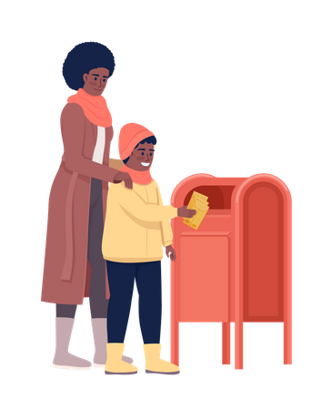 Mother and son drop letter in mailbox  Illustration