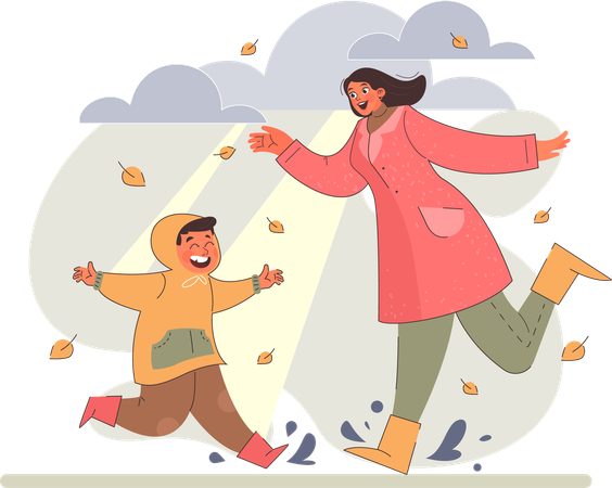 Mother and son enjoying autumn  Illustration