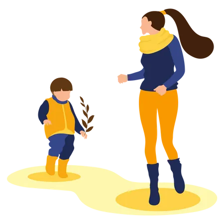 Mother And son enjoying in autumn  Illustration