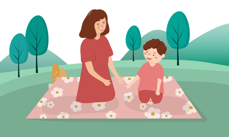 Mother and son enjoying picnic  Illustration