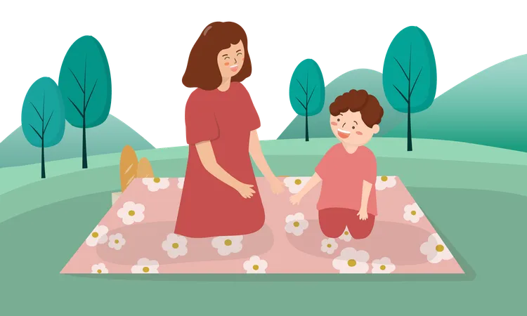 Mother and son enjoying picnic  Illustration