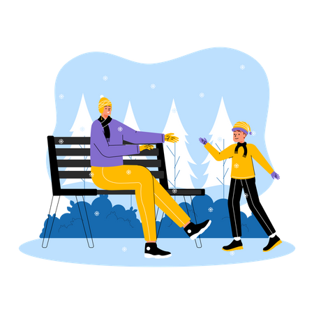 Mother and son enjoying winter  Illustration