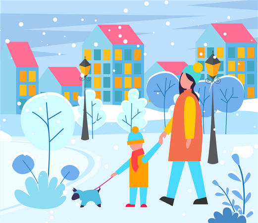 Mother and son enjoying winter  Illustration