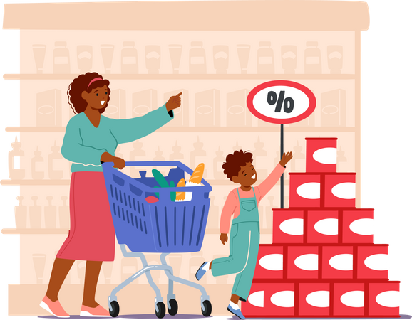 Mother And Son Excitedly Browse For Discounted Items In Bustling Supermarket  Illustration