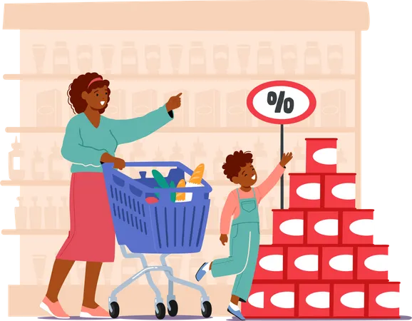 Mother Character And Her Young Son Excitedly Browse For Discounted Items In Bustling Supermarket Finding Great Deals While Bonding During Their Shopping Adventure Cartoon People Vector Illustration Illustration