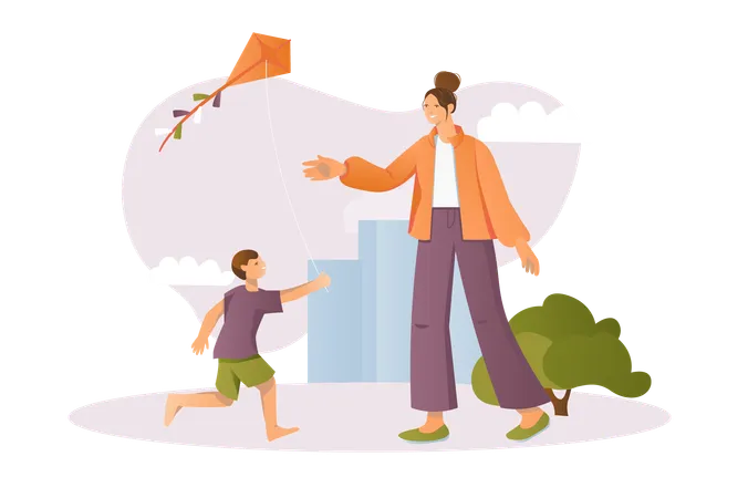 Mother and son fly  kite  Illustration