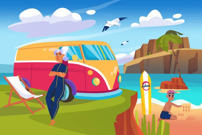 Summer Landscape Background In Flat Cartoon Design Wallpaper With Mother And Son Go On Vacation By Car To Sea Surf Sunbathe And Play On Beach Vector Illustration For Poster Or Banner Template Illustration