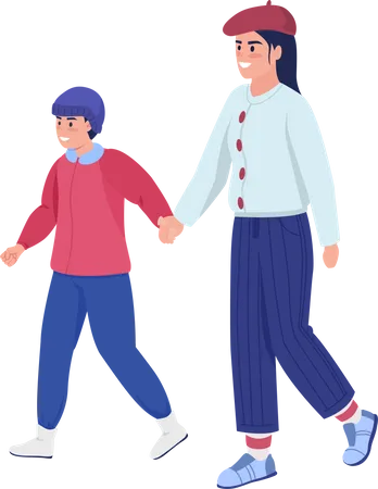 Mom With Son On Walk Semi Flat Color Vector Characters Dynamic Figures Full Body People On White Winter Isolated Modern Cartoon Style Illustration For Graphic Design And Animation Illustration