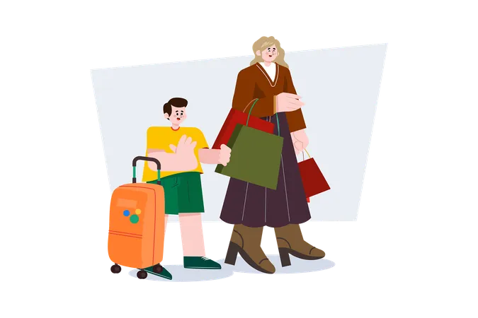 Mother and son going on vacation  イラスト