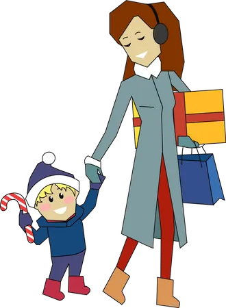 Winter Holidays Concept Vector Flat Style Woman In Winter Clothes With Gifts In Hand Walking With Her Son In Santa Hat With Candy Cane Christmas And New Year Celebrating Buying Presents For Family Illustration