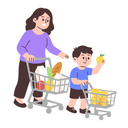 ショッピングカートで食料品を買い物する母と息子  イラスト