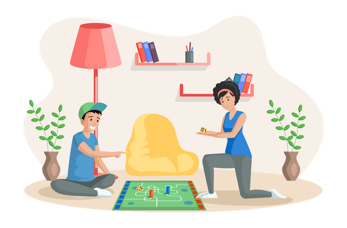 Mother and son have fun with table game  イラスト
