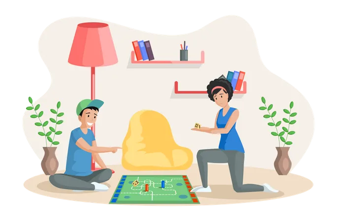 Mother and son have fun with table game  Illustration