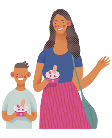 Mother and son holding frozen yogurt Illustration