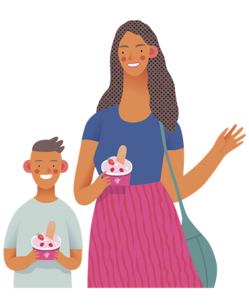 Mother and son holding frozen yogurt  Illustration