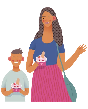 Mother and son holding frozen yogurt  Illustration