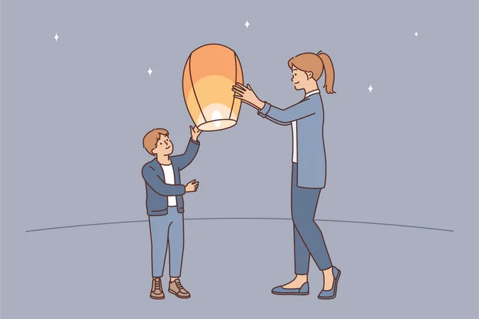 Mother and son holding light lantern  Illustration