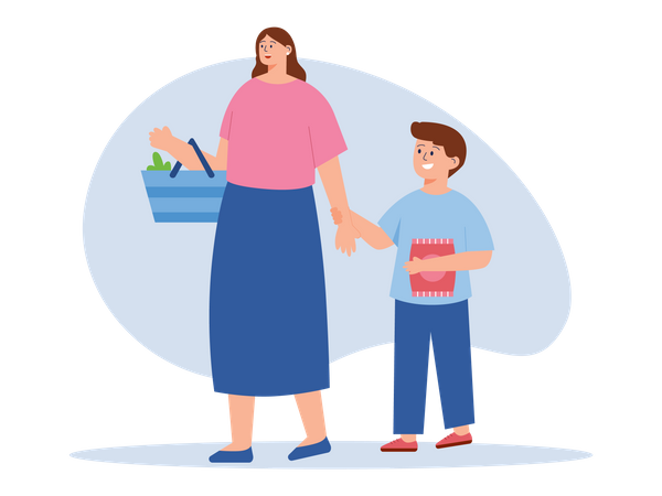 Mother and son in market  Illustration