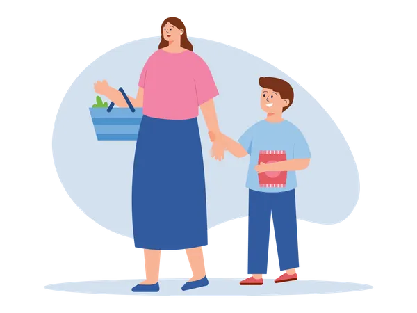 Mother and son in market  Illustration