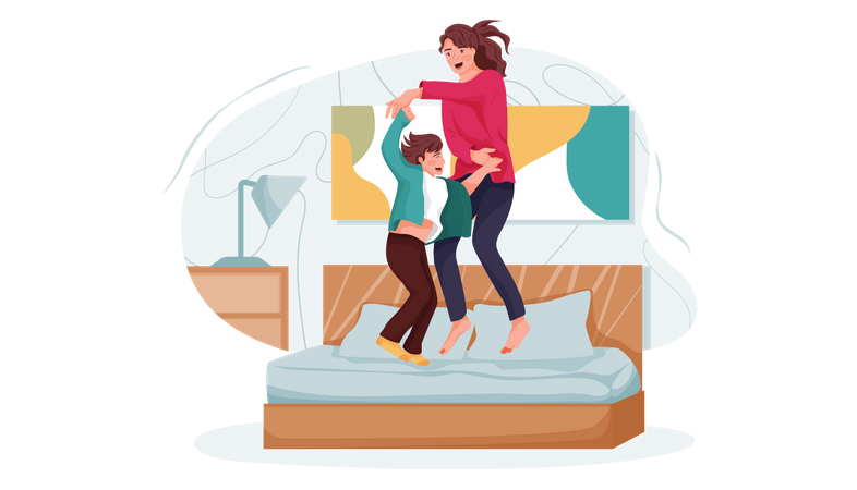 Mother and son jumping on bed Illustration