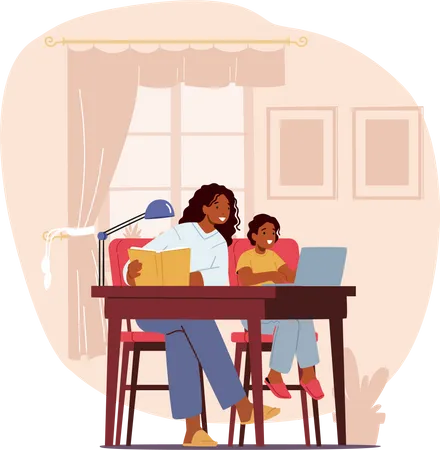 Mother and Son Learning Classes and Watching Webinar on Laptop at Home Illustration