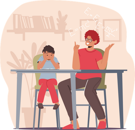 Mother and Son Learning Classes at Home Illustration