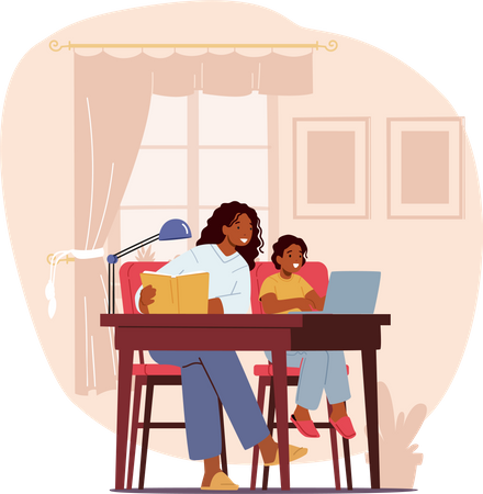 Mother and Son Learning Classes and Watching Webinar on Laptop at Home  Illustration