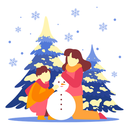Mother and son making snowman  Illustration