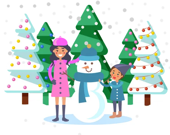 Mother and son making snowman  Illustration