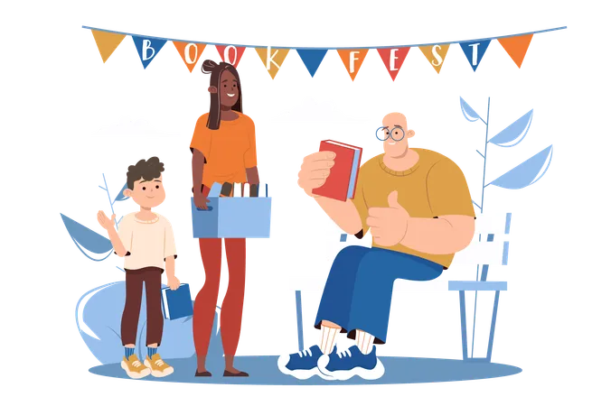 Book Festival Blue Concept With People Scene In The Flat Cartoon Style Illustration