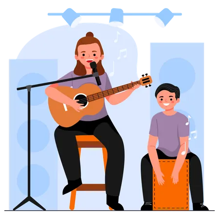 Mother And Son Performing In Concert Illustration