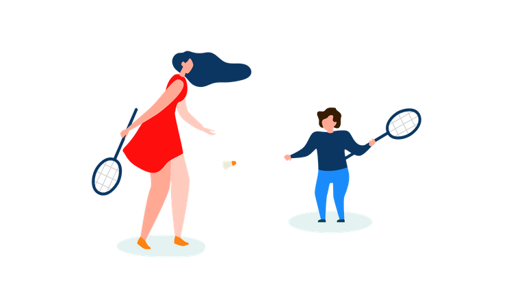 Mother and son playing badminton  Illustration