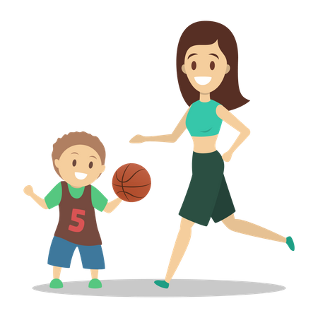 Mother and son playing basketball Illustration