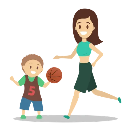 Mother and son playing basketball Illustration