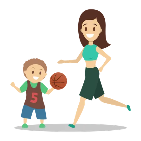 Mother and son playing basketball  Illustration