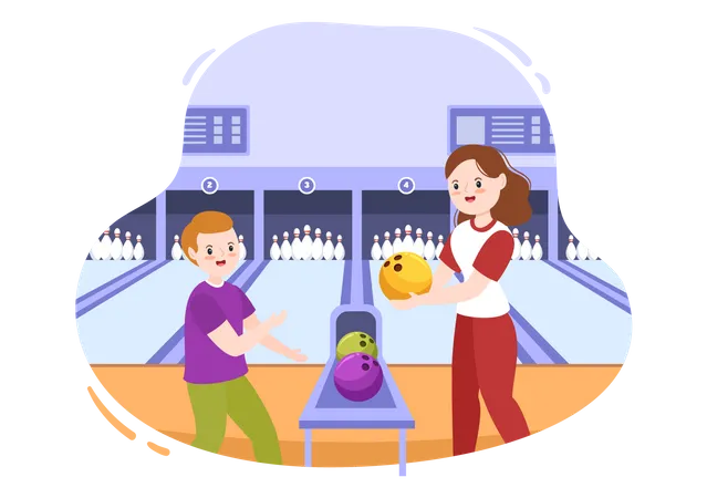 Mother and son Playing Bowling Game Illustration