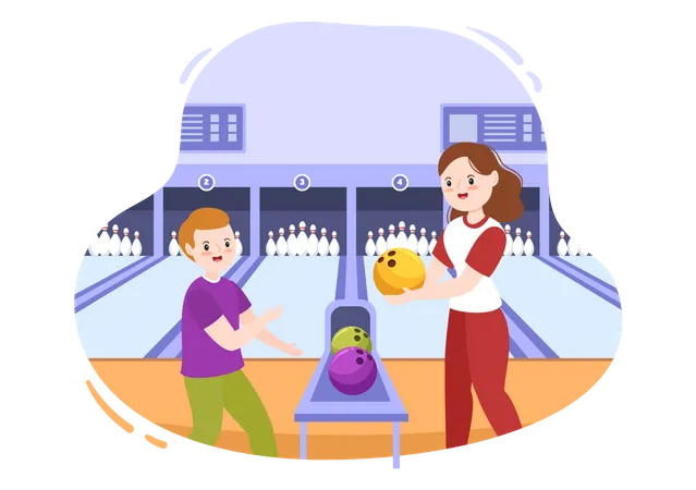 Mother and son Playing Bowling Game  Illustration