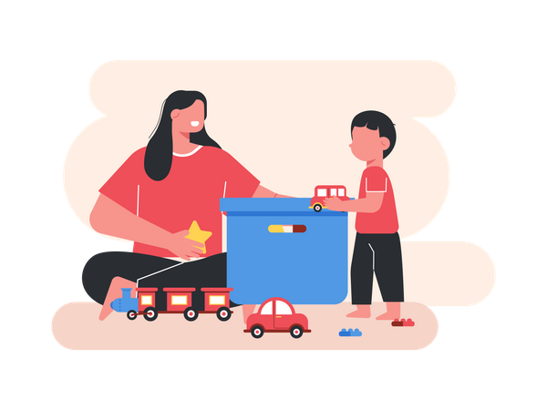 Mother and son playing with toys  Illustration