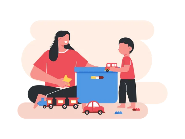 Mother and son playing with toys  Illustration