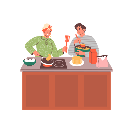 Mother and son preparing pancakes  Illustration