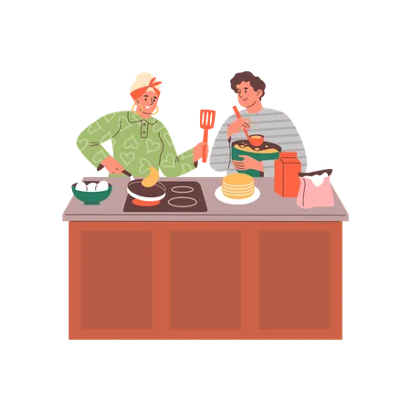 Mother and son preparing pancakes  Illustration