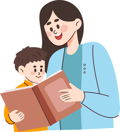 Mother and son reading a book  イラスト